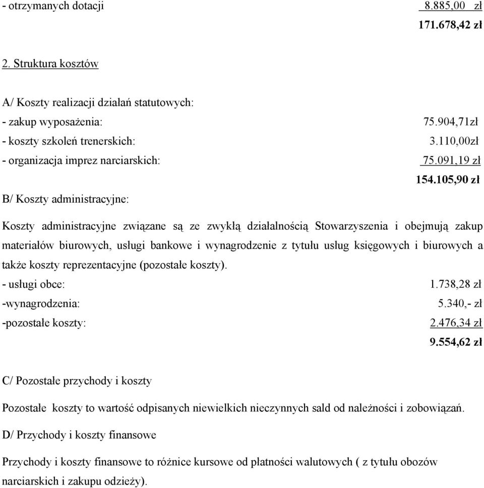 105,90 zł B/ Koszty administracyjne: Koszty administracyjne związane są ze zwykłą działalnością Stowarzyszenia i obejmują zakup materiałów biurowych, usługi bankowe i wynagrodzenie z tytułu usług