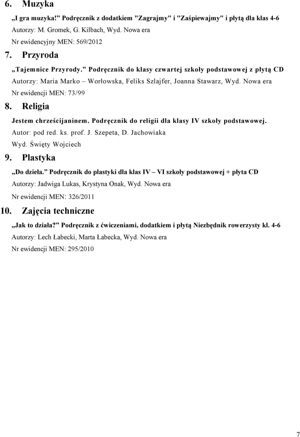 Religia Jestem chrześcijaninem. Podręcznik do religii dla klasy IV szkoły podstawowej. Autor: pod red. ks. prof. J. Szepeta, D. Jachowiaka Wyd. Święty Wojciech 9. Plastyka Do dzieła.