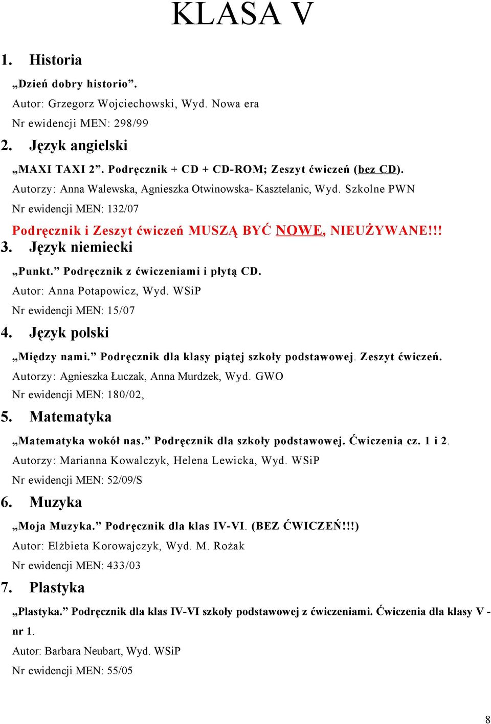 Podręcznik z ćwiczeniami i płytą CD. Autor: Anna Potapowicz, Wyd. WSiP Nr ewidencji MEN: 15/07 4. Język polski Między nami. Podręcznik dla klasy piątej szkoły podstawowej. Zeszyt ćwiczeń.