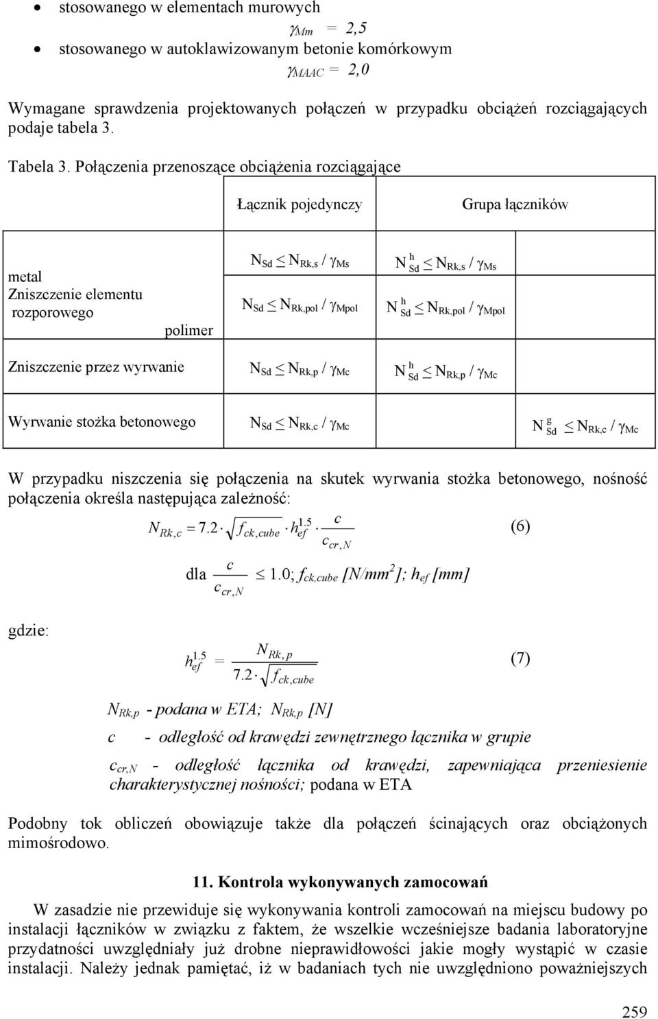 Połączenia przenoszące obciążenia rozciągające Łącznik pojedynczy Grupa łączników metal Zniszczenie elementu rozporowego polimer N Sd < N Rk,s / γ Ms N Sd < N Rk,pol / γ Mpol N h Sd N h Sd < N Rk,s /