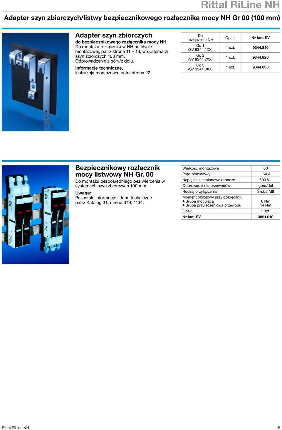 2XX) Gr. (SV 944.XX) Opak. 1 szt. 944.810 1 szt. 944.820 1 szt. 944. Bezpiecznikowy rozłącznik mocy listwowy NH Gr. 00 Do montażu bezpośredniego bez wiercenia w systemach szyn zbiorczych 100 mm.