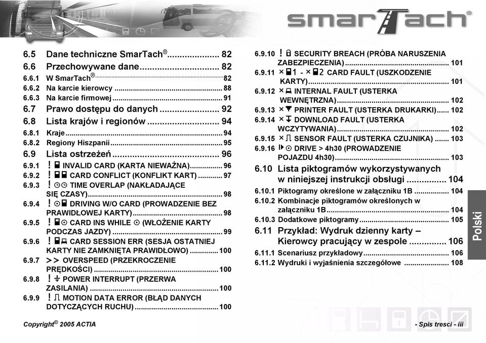 ªª TIME OVERLAP (NAKŁADAJĄCE SIĘ CZASY)... 98 6.9.4! DRIVING W/O CARD (PROWADZENIE BEZ PRAWIDŁOWEJ KARTY)... 98 6.9.5! CARD INS WHILE (WŁOŻENIE KARTY PODCZAS JAZDY)... 99 6.9.6! CARD SESSION ERR (SESJA OSTATNIEJ KARTY NIE ZAMKNIĘTA PRAWIDŁOWO).