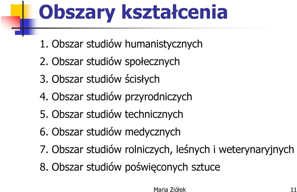 Obszar studiów przyrodniczych 5. Obszar studiów technicznych 6.