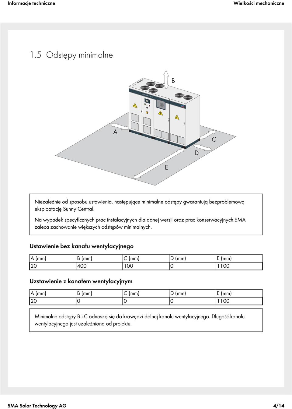 Na wypadek specyficznych prac instalacyjnych dla danej wersji oraz prac konserwacyjnych.sma zaleca zachowanie większych odstępów minimalnych.