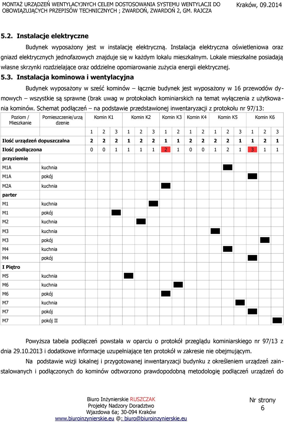 Instalacja kominowa i wentylacyjna Budynek wyposażony w sześć kominów łącznie budynek jest wyposażony w 16 przewodów dymowych wszystkie są sprawne (brak uwag w protokołach kominiarskich na temat