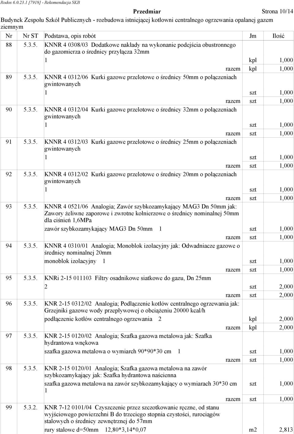 3.5. KNNR 4 0312/02 Kurki gazowe przelotowe o średnicy 20mm o połączeniach gwintowanych 1 szt 1,000 93 5.3.5. KNNR 4 0521/06 Analogia; Zawór szybkozamykający MAG3 Dn 50mm jak: Zawory Ŝeliwne zaporowe