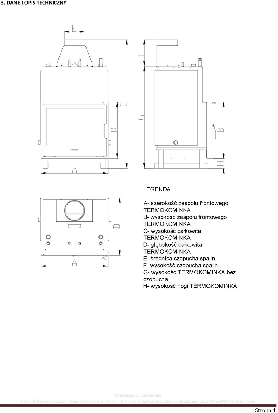 głębokość całkowita TERMOKOMINKA E- średnica czopucha spalin F- wysokość czopucha