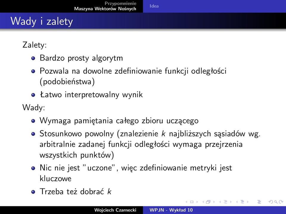 Stosunkowo powolny (znalezienie k najbliższych sąsiadów wg.