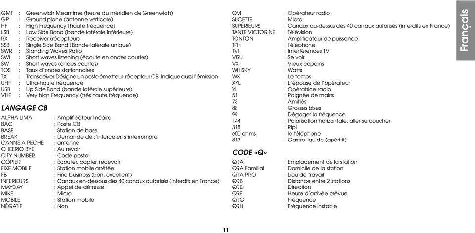 stationnaires TX : Transceiver.Désigne un poste émetteur-récepteur CB. Indique aussi l émission.