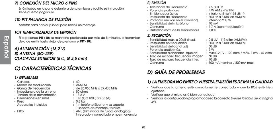 TOT TEMPORIZADOR DE EMISIÓN Si la palanca PTT (10) se mantiene presionada por más de 5 minutos, el transmisor deja de emitir hasta dejar de presionar el PTT (10).