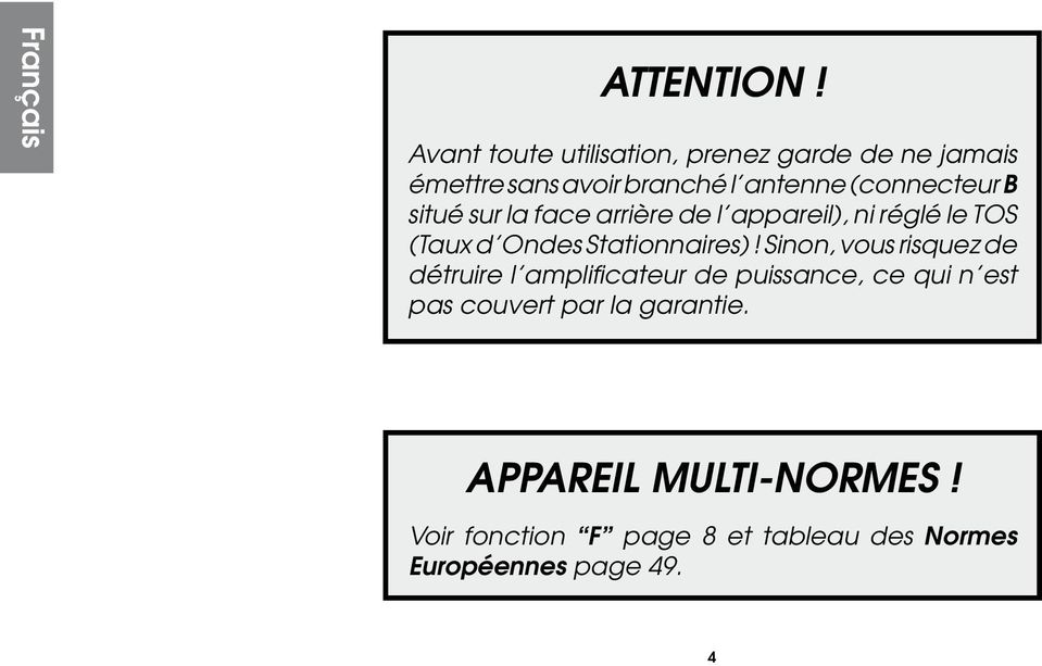 B situé sur la face arrière de l appareil), ni réglé le TOS (Taux d Ondes Stationnaires)!