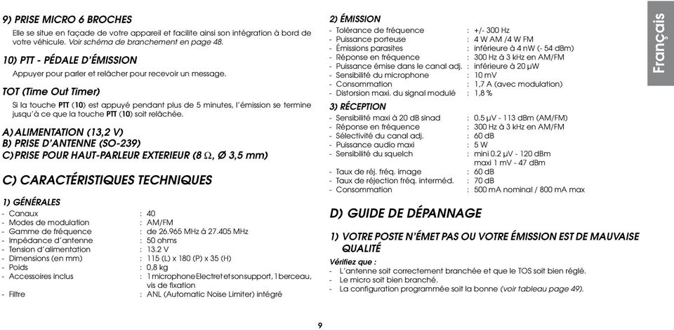 TOT (Time Out Timer) Si la touche PTT (10) est appuyé pendant plus de 5 minutes, l émission se termine jusqu à ce que la touche PTT (10) soit relâchée.