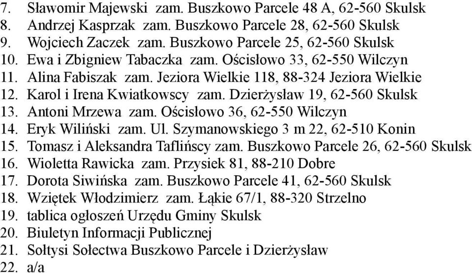 Antoni Mrzewa zam. Ościsłowo 36, 62-550 Wilczyn 14. Eryk Wiliński zam. Ul. Szymanowskiego 3 m 22, 62-510 Konin 15. Tomasz i Aleksandra Taflińscy zam. Buszkowo Parcele 26, 62-560 Skulsk 16.