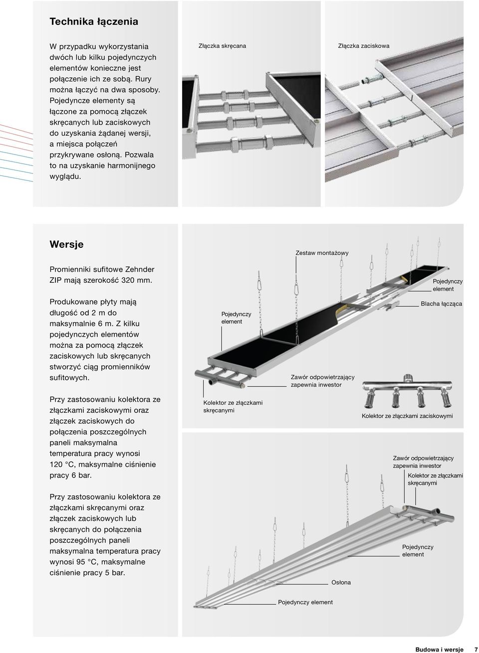 Złączka skręcana Złączka zaciskowa Wersje Zestaw montażowy Promienniki sufitowe Zehnder ZIP mają szerokość 320 mm. Pojedynczy element Produkowane płyty mają długość od 2 m do maksymalnie 6 m.