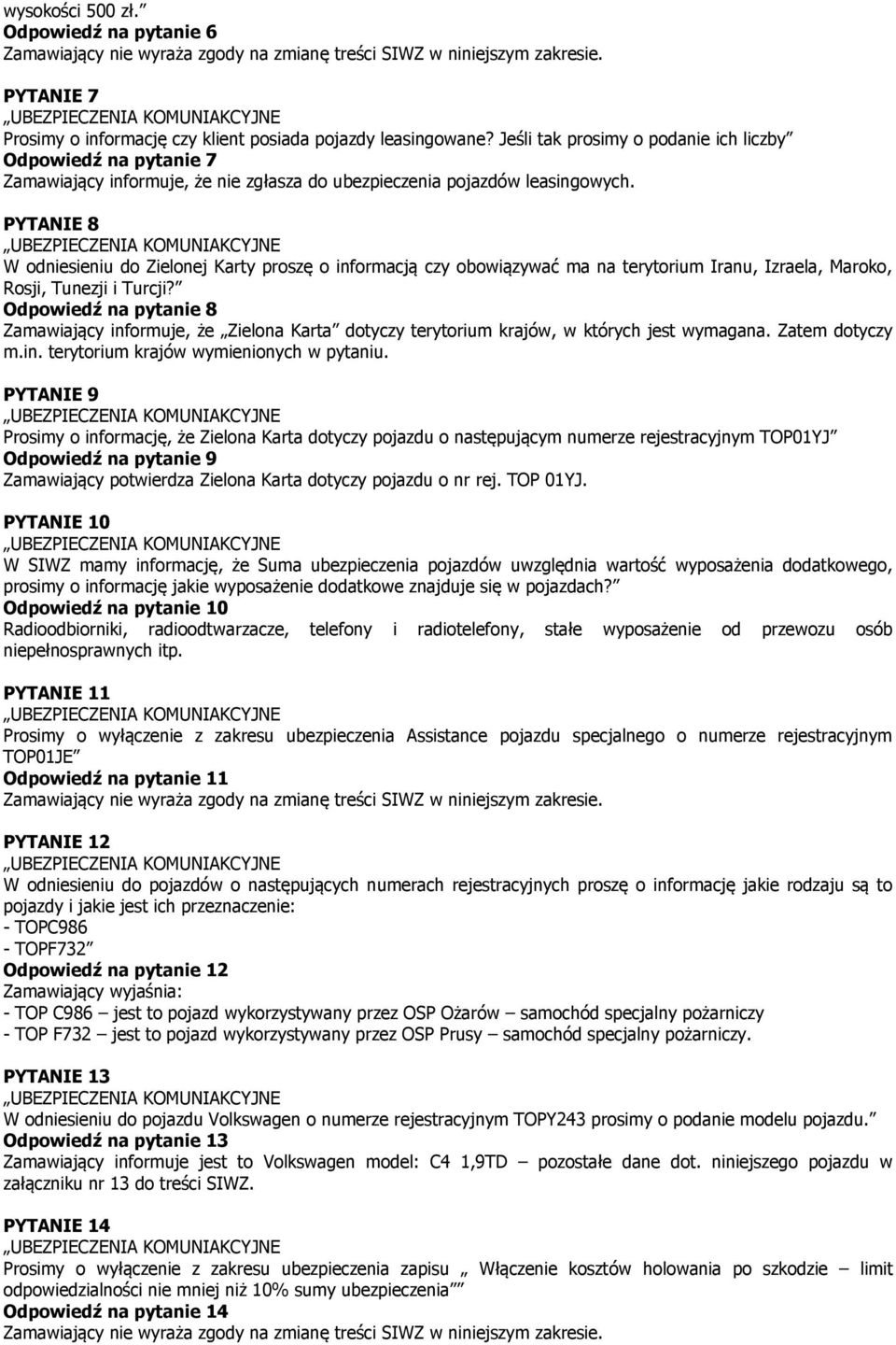 PYTANIE 8 W odniesieniu do Zielonej Karty proszę o informacją czy obowiązywać ma na terytorium Iranu, Izraela, Maroko, Rosji, Tunezji i Turcji?