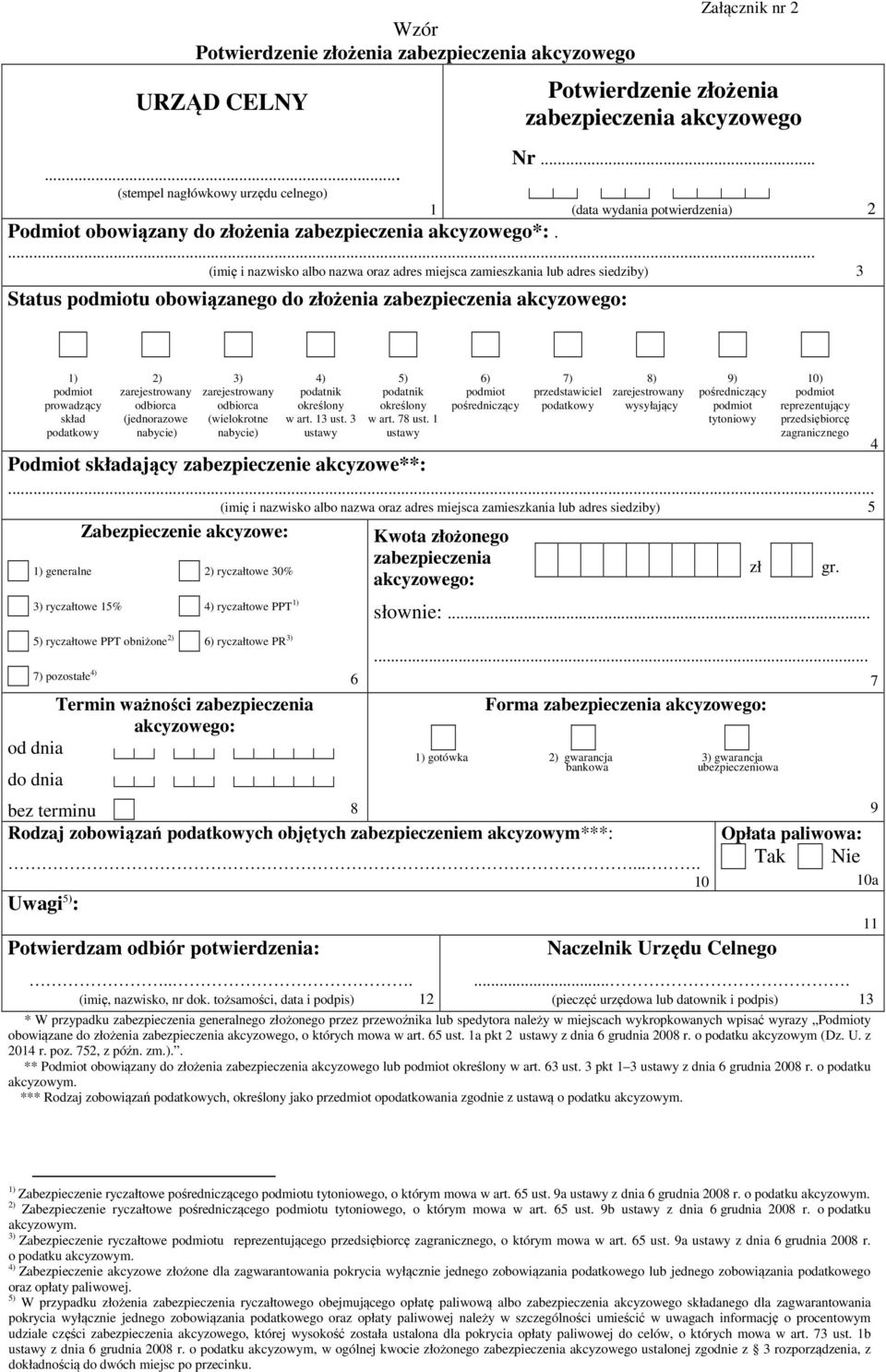 ... (imię i nazwisko albo nazwa oraz adres miejsca zamieszkania lub adres siedziby) 3 Status u obowiązanego do złożenia zabezpieczenia 1) prowadzący skład 2) (jednorazowe (wielokrotne w art. 13 ust.