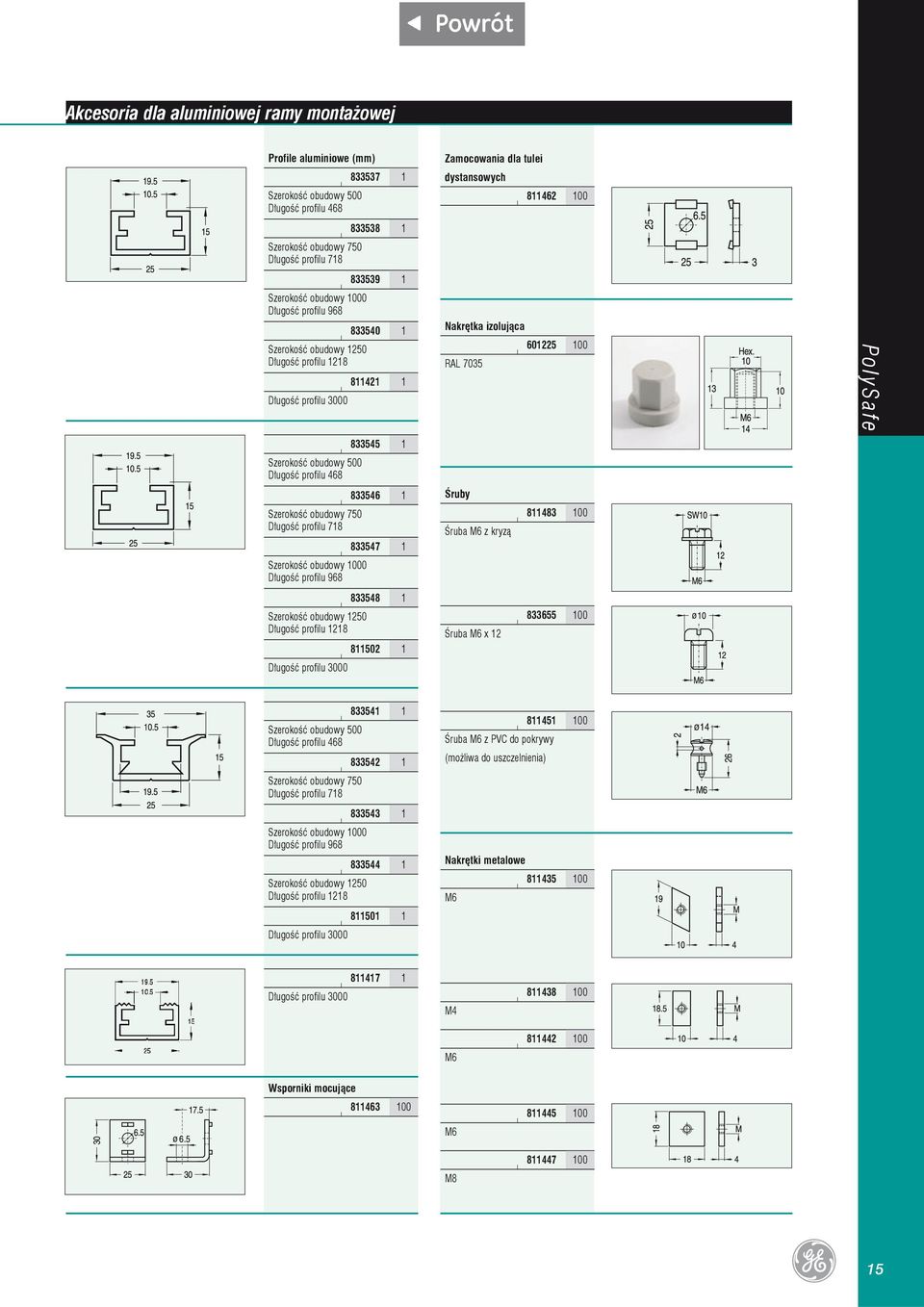 profilu 468 833546 1 Szerokość obudowy 750 Długość profilu 718 833547 1 Szerokość obudowy 1000 Długość profilu 968 Nakrętka izolująca RAL 7035 Śruby Śruba M6 z kryzą 601225 100 811483 100 PolySafe