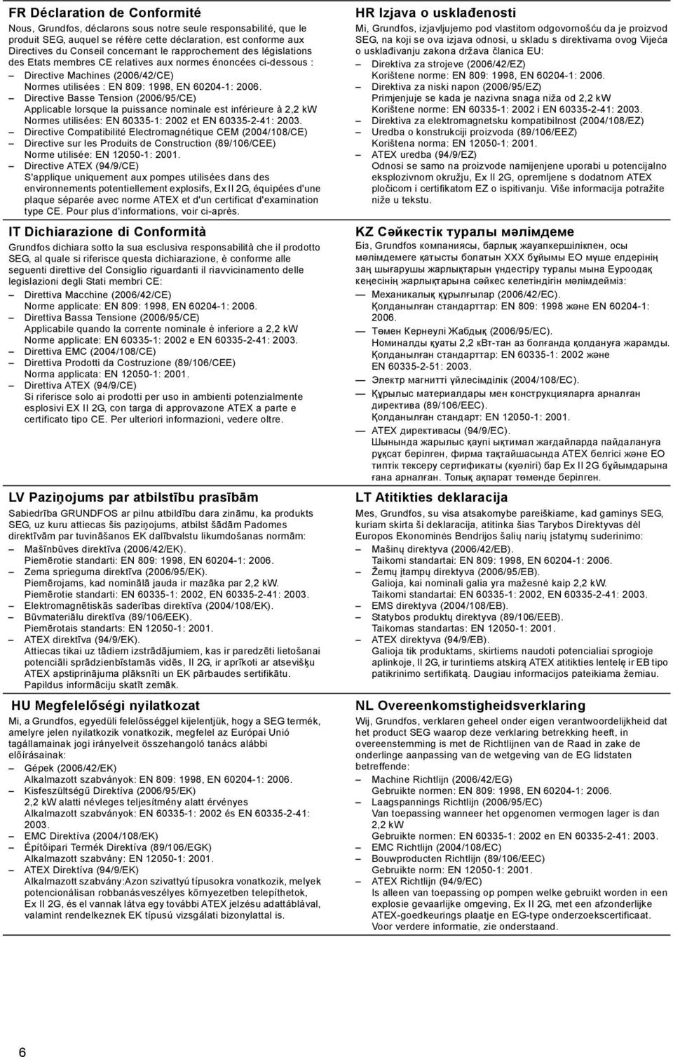 Directive Basse Tension (2006/95/CE) Applicable lorsque la puissance nominale est inférieure à 2,2 kw Normes utilisées: EN 60335-1: 2002 et EN 60335-2-41: 2003.