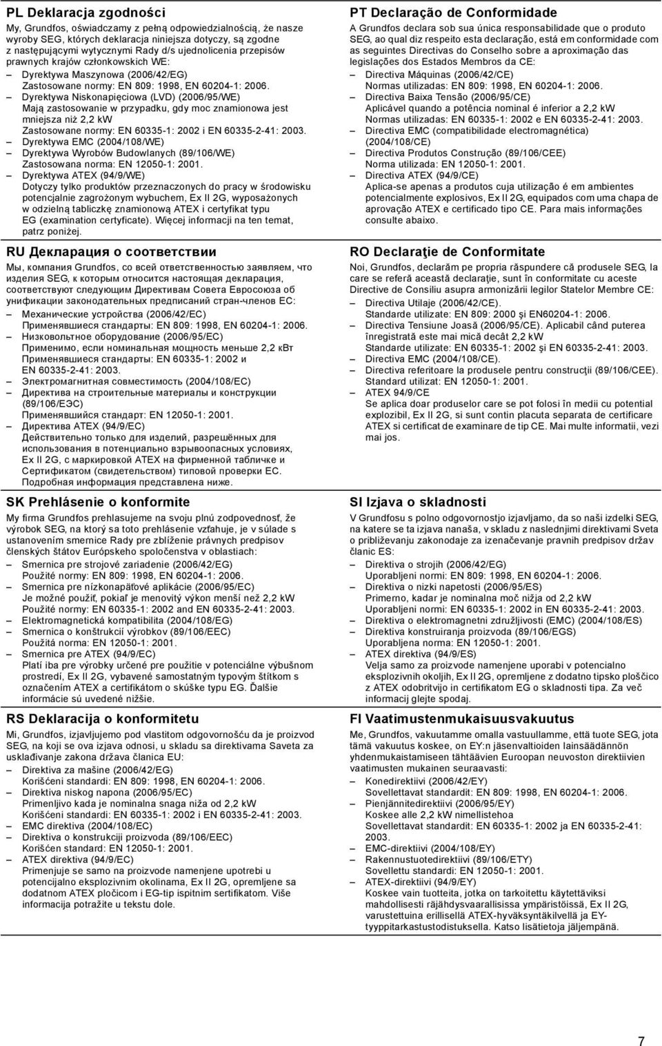 Dyrektywa Niskonapięciowa (LVD) (2006/95/WE) Mają zastosowanie w przypadku, gdy moc znamionowa jest mniejsza niż 2,2 kw Zastosowane normy: EN 60335-1: 2002 i EN 60335-2-41: 2003.