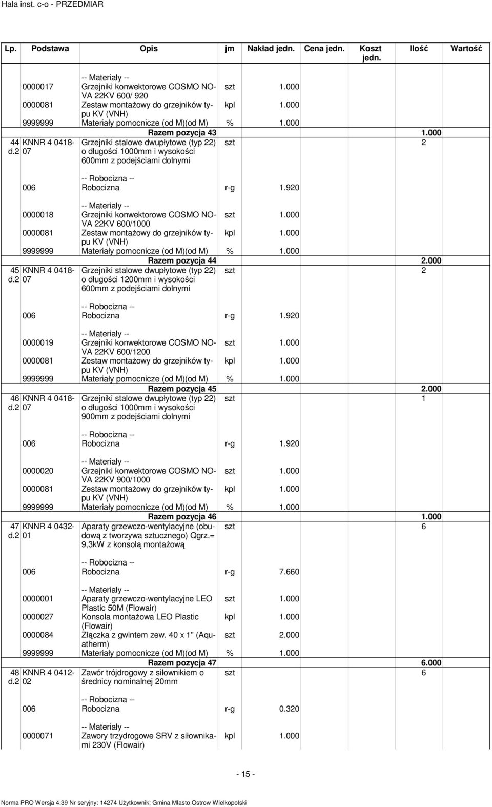 000 VA 22KV 600/1000 0000081 Zestaw ontaŝowy do grzejników typu 9999999 Materiały poocnicze (od M)(od M) % 1.000 45 KNNR 4 0418- Raze pozycja 44 2.