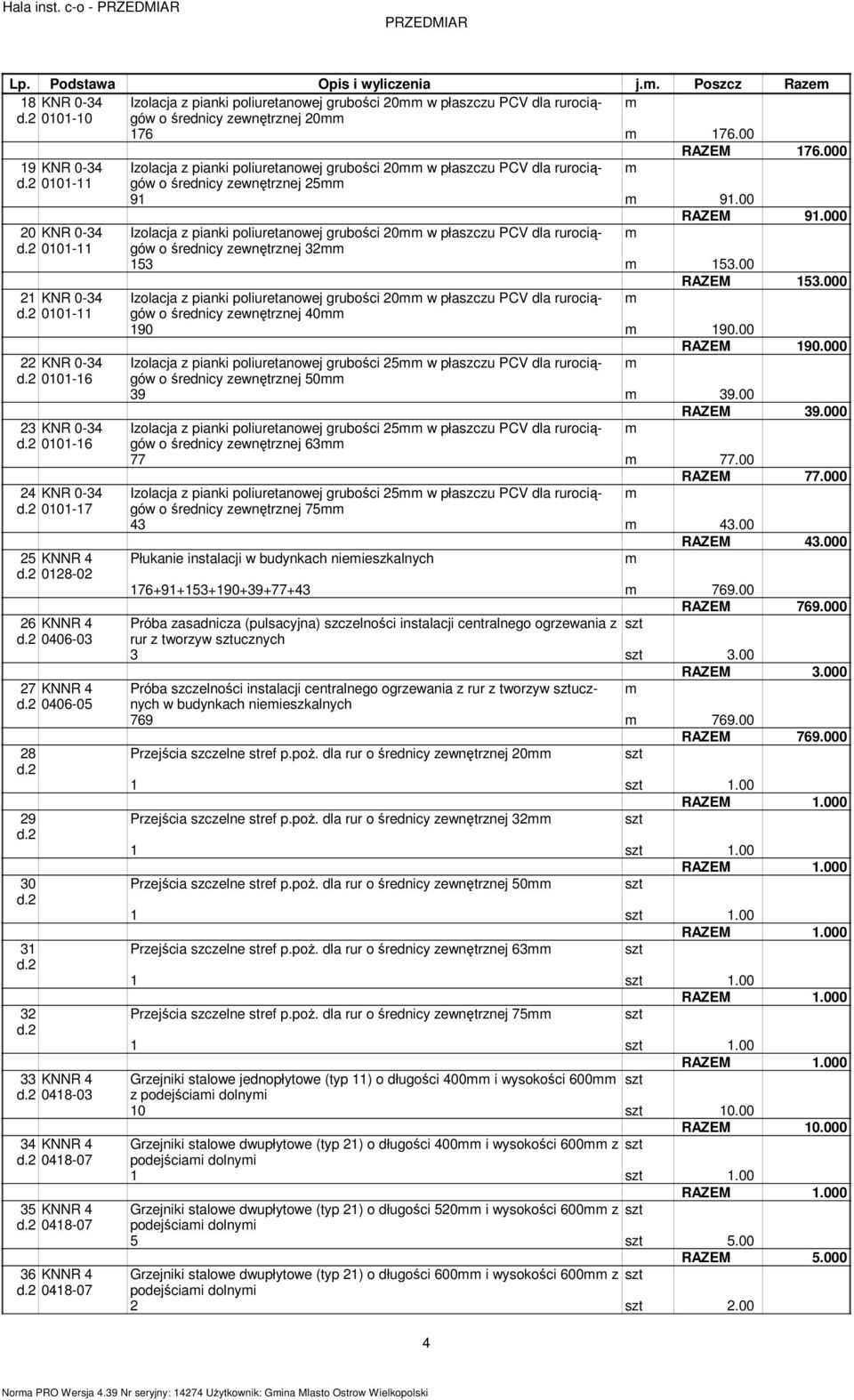 000 20 KNR 0-34 Izolacja z pianki poliuretanowej grubości 20 w płaszczu PCV dla rurociągów 0101-11 o średnicy zewnętrznej 32 153 153.00 RAZEM 153.