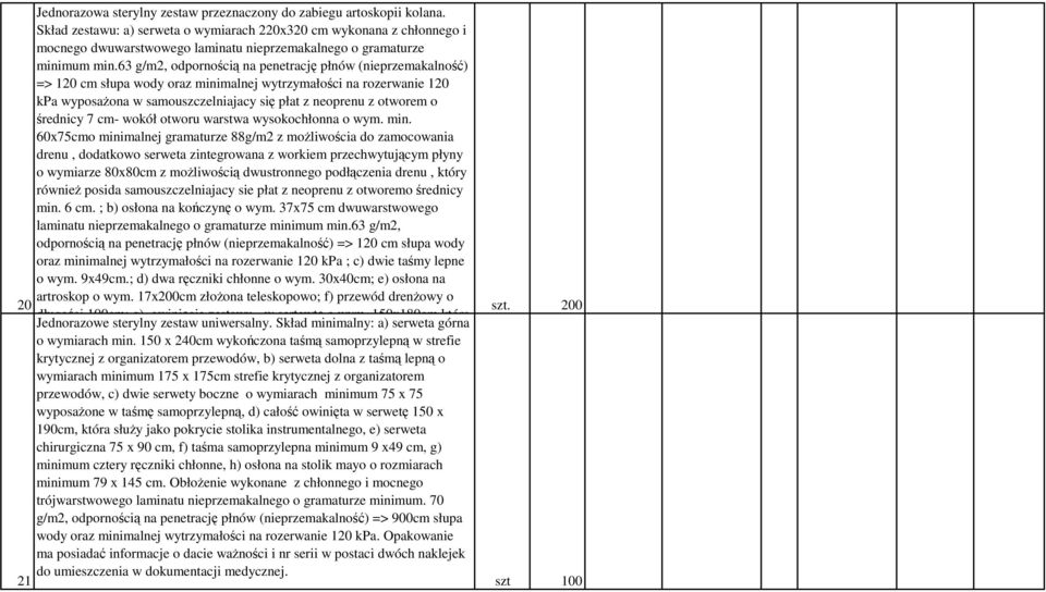 63 g/m2, odpornością na penetrację płnów (nieprzemakalność) => 120 cm słupa wody oraz minimalnej wytrzymałości na rozerwanie 120 kpa wyposażona w samouszczelniajacy się płat z neoprenu z otworem o