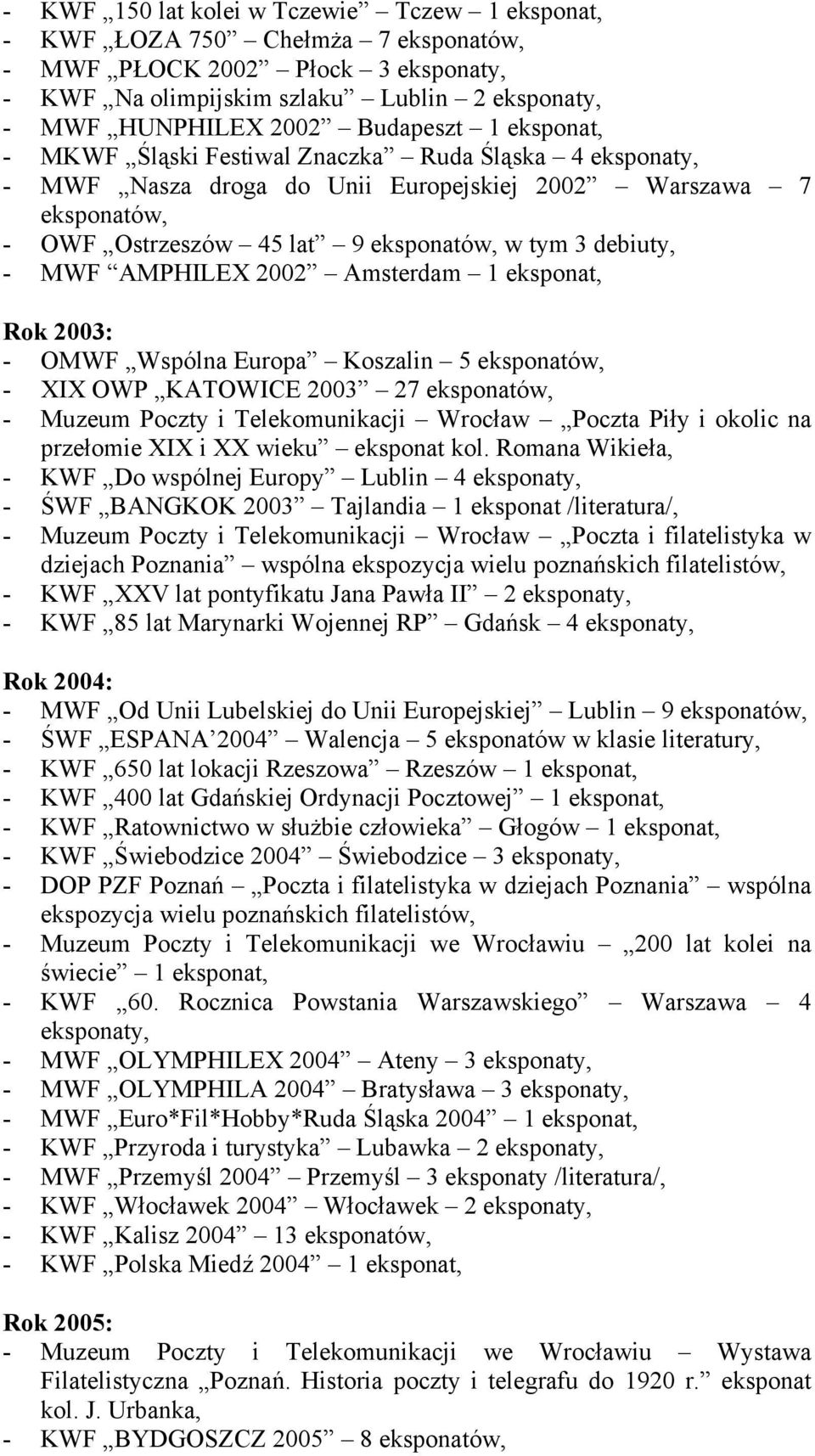 AMPHILEX 2002 Amsterdam 1 eksponat, Rok 2003: - OMWF Wspólna Europa Koszalin 5 eksponatów, - XIX OWP KATOWICE 2003 27 eksponatów, - Muzeum Poczty i Telekomunikacji Wrocław Poczta Piły i okolic na