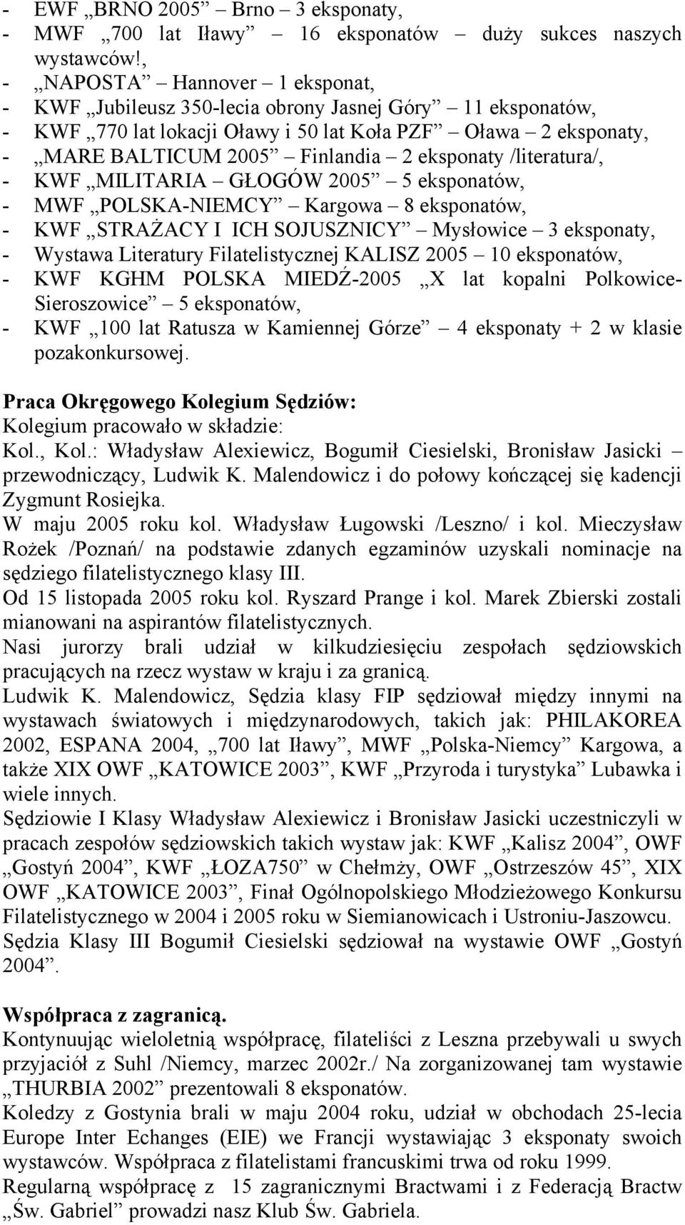 eksponaty /literatura/, - KWF MILITARIA GŁOGÓW 2005 5 eksponatów, - MWF POLSKA-NIEMCY Kargowa 8 eksponatów, - KWF STRAŻACY I ICH SOJUSZNICY Mysłowice 3 eksponaty, - Wystawa Literatury