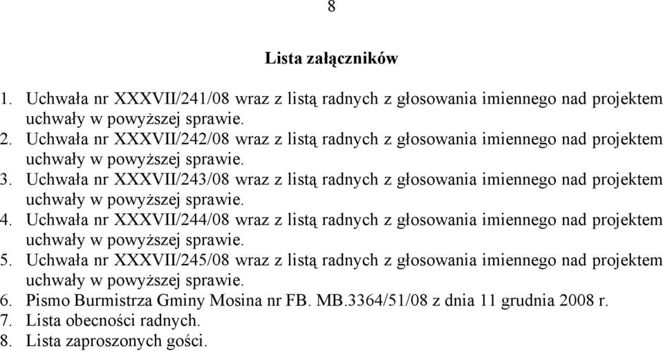 Uchwała nr XXXVII/243/08 wraz z listą radnych z głosowania imiennego nad projektem 4.