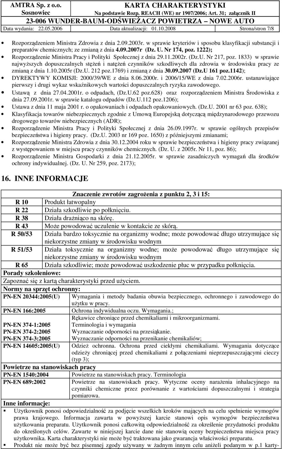 11.2002r. (Dz.U. Nr 217, poz. 1833) w sprawie najwyŝszych dopuszczalnych stęŝeń i natęŝeń czynników szkodliwych dla zdrowia w środowisku pracy ze zmianą z dnia 1.10.2005r (Dz.U. 212 poz.