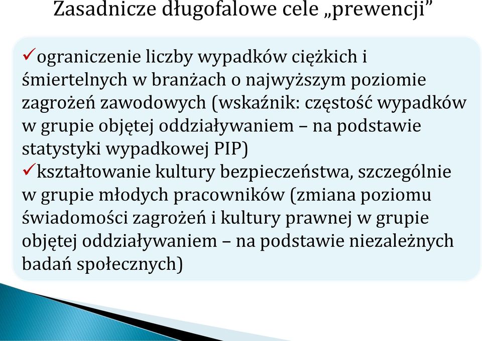 statystyki wypadkowej PIP) kształtowanie kultury bezpieczeństwa, szczególnie w grupie młodych pracowników (zmiana