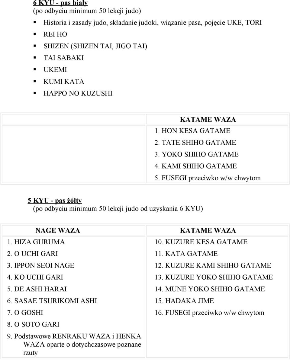 FUSEGI przeciwko w/w chwytom 5 KYU - pas żółty (po odbyciu minimum 50 lekcji judo od uzyskania 6 KYU) NAGE WAZA 1. HIZA GURUMA 2. O UCHI GARI 3. IPPON SEOI NAGE 4. KO UCHI GARI 5. DE ASHI HARAI 6.