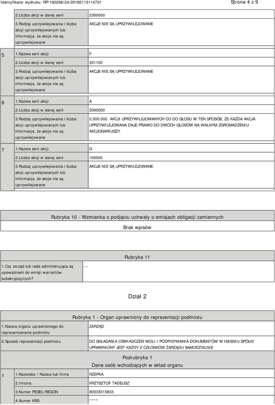 Nazwa serii akcji G 2.Liczba akcji w danej serii 100000 AKCJE SĄ UPRZYWILEJOWANE Rubryka 10 - Wzmianka o podjęciu uchwały o emisjach obligacji zamiennych Rubryka 11 1.