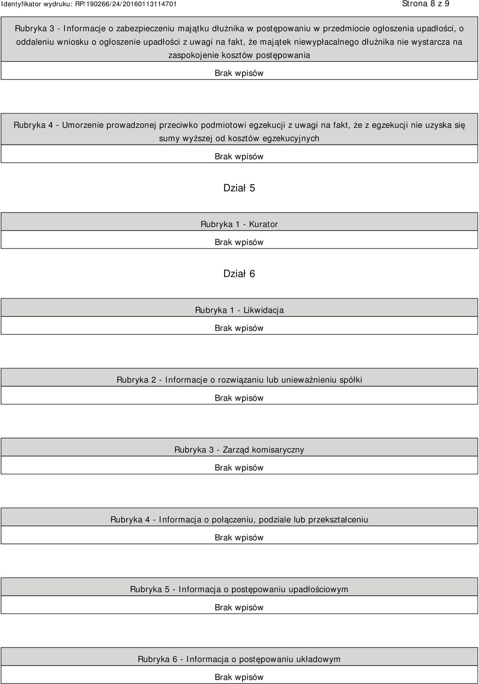 nie uzyska się sumy wyższej od kosztów egzekucyjnych Dział 5 Rubryka 1 - Kurator Dział 6 Rubryka 1 - Likwidacja Rubryka 2 - Informacje o rozwiązaniu lub unieważnieniu spółki Rubryka 3