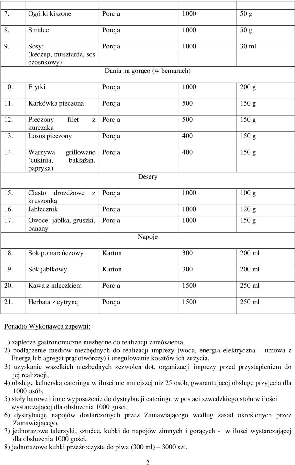 Ciasto drożdżowe z Porcja 1000 100 g kruszonką 16. Jabłecznik Porcja 1000 120 g 17. Owoce: jabłka, gruszki, banany Porcja 1000 150 g Napoje 18. Sok pomarańczowy Karton 300 200 ml 19.