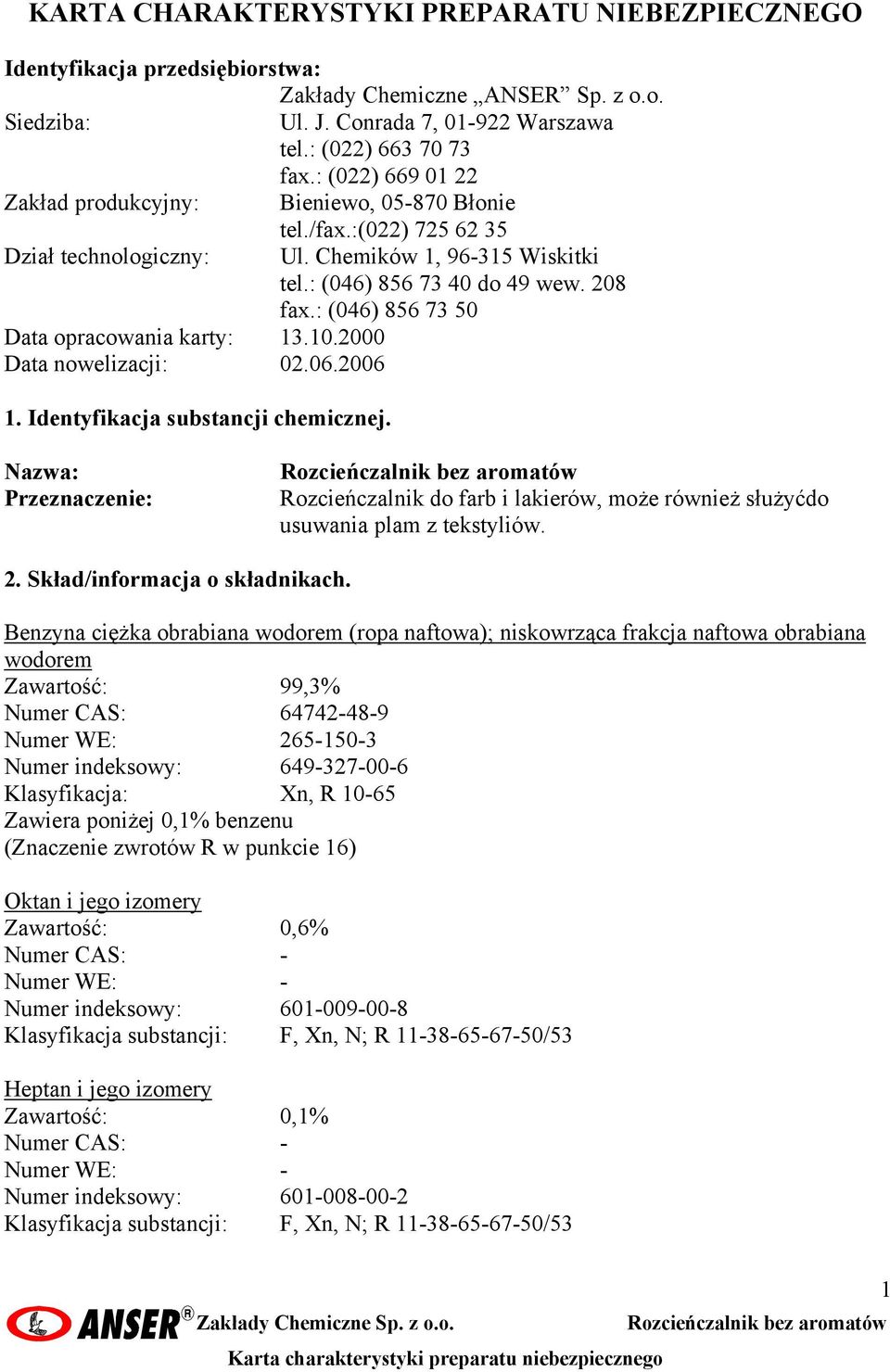 : (046) 856 73 50 Data opracowania karty: 13.10.2000 Data nowelizacji: 02.06.2006 1. Identyfikacja substancji chemicznej.