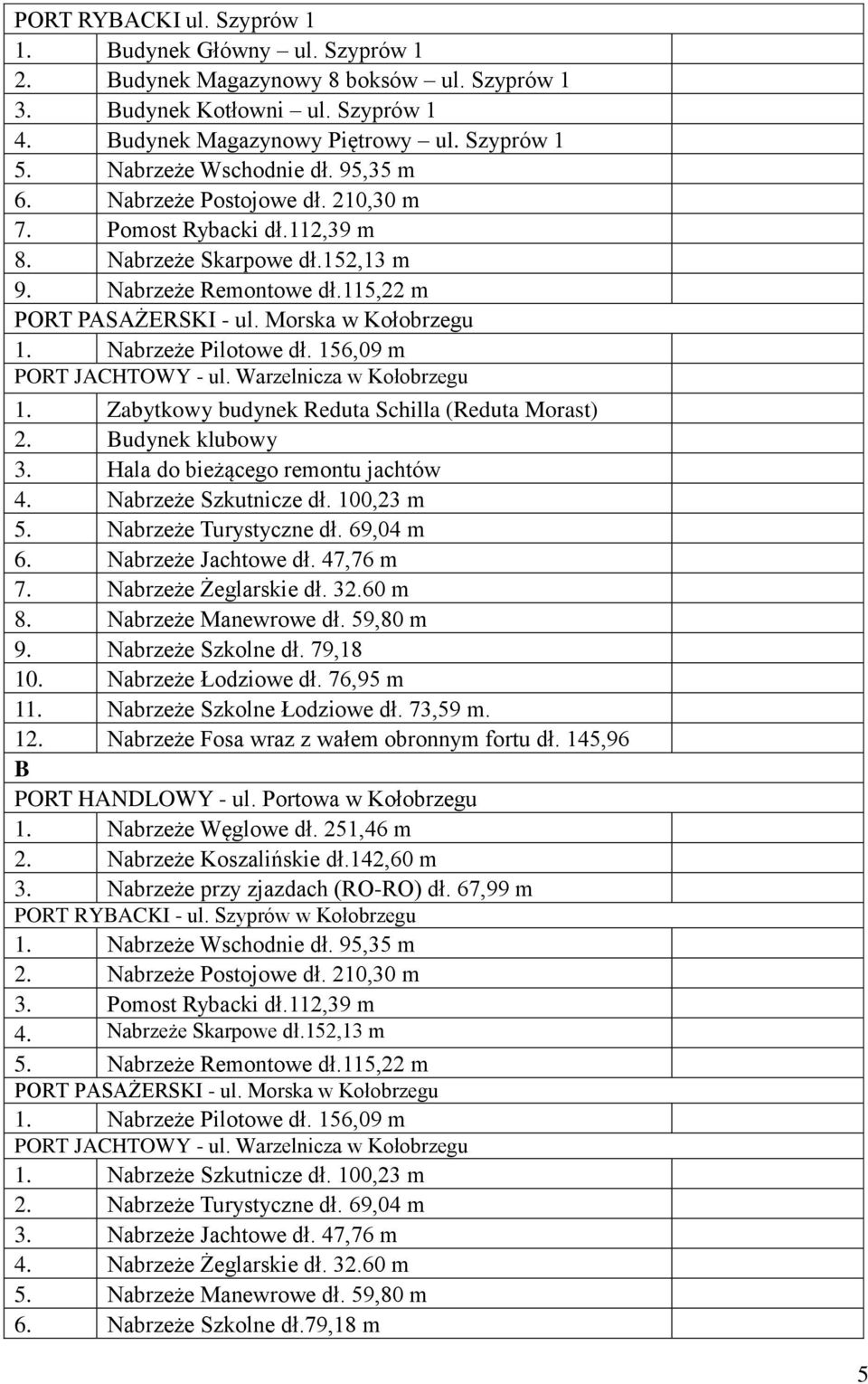 Morska w Kołobrzegu 1. Nabrzeże Pilotowe dł. 156,09 m PORT JACHTOWY - ul. Warzelnicza w Kołobrzegu 1. Zabytkowy budynek Reduta Schilla (Reduta Morast) 2. Budynek klubowy 3.