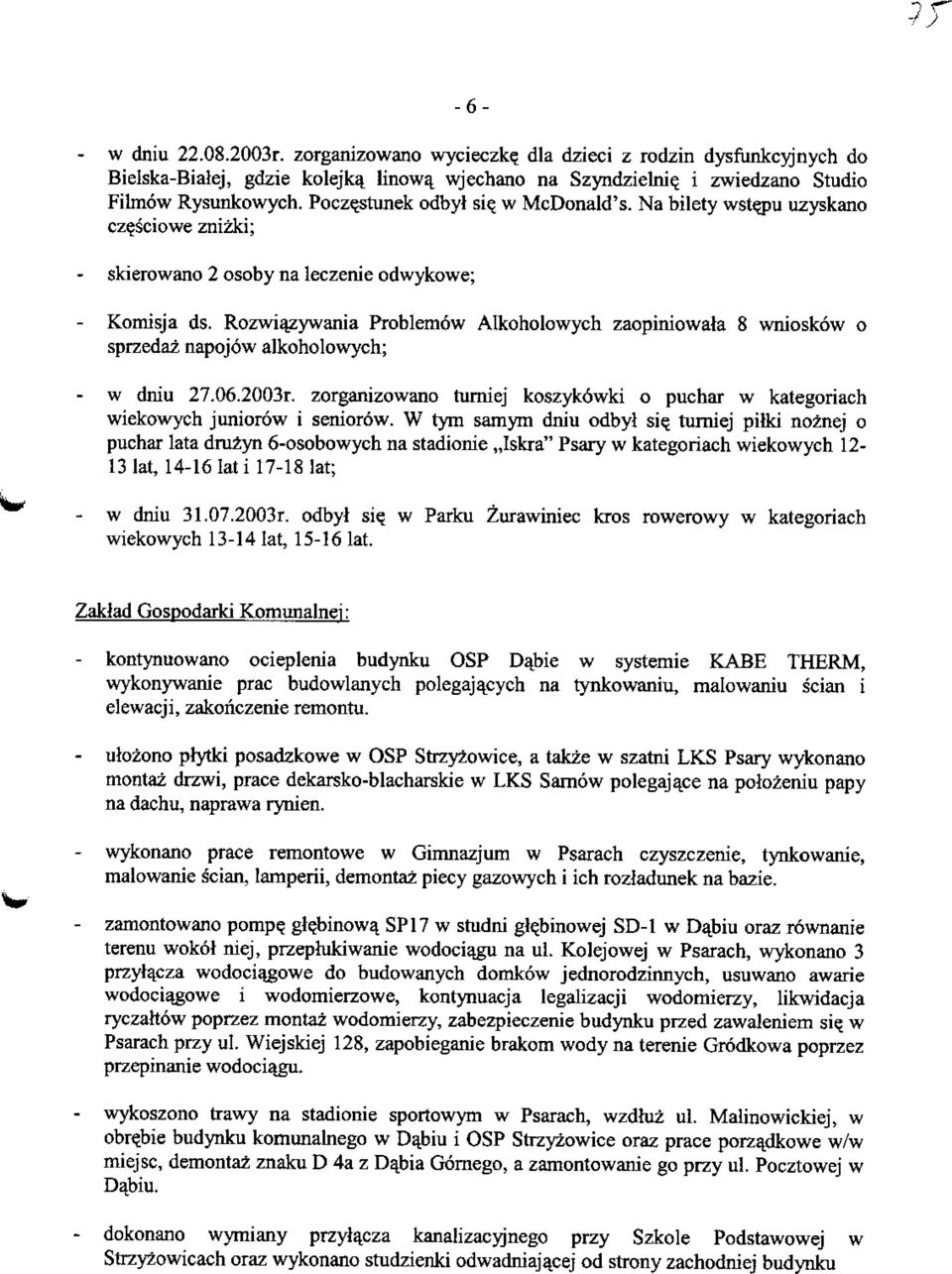 Rozwiazywania Problemow Alkoholowych zaopiniowata 8 wnioskow o sprzedaz napojow alkoholowych; w dniu 27.06.2003r. zorganizowano turniej koszyk6wki o puchar w kategoriach wiekowych juniorow i seniorow.