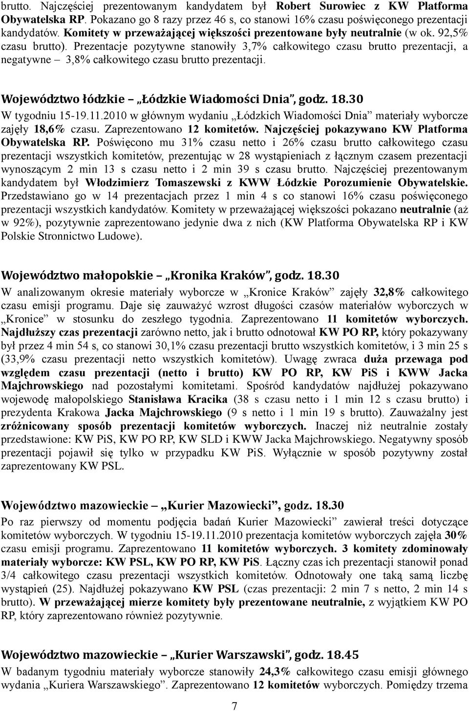 Prezentacje pozytywne stanowiły 3,7% całkowitego czasu brutto prezentacji, a negatywne 3,8% całkowitego czasu brutto prezentacji. Województwo łódzkie Łódzkie Wiadomości Dnia, godz. 18.