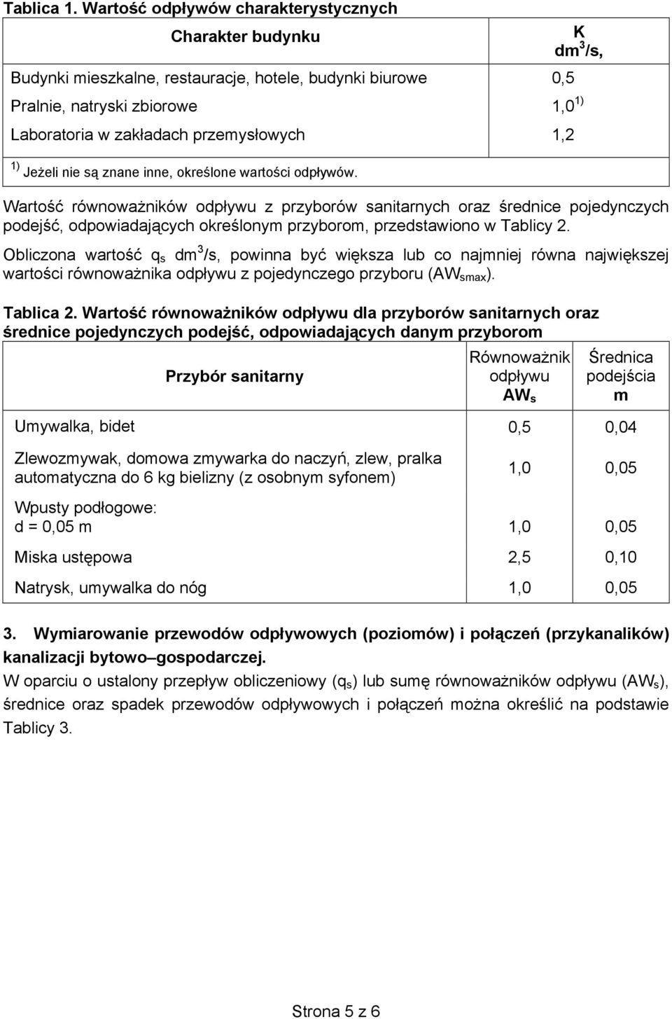 eli nie s znane inne, okre lone warto ci odp ywów. Warto równowa ników odp ywu z przyborów sanitarnych oraz rednice pojedynczych podej, odpowiadaj cych okre lonym przyborom, przedstawiono w Tablicy 2.