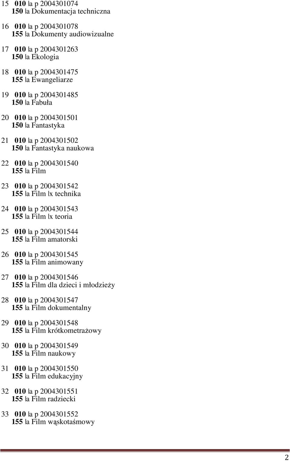 2004301543 155 a Film x teoria 25 010 a p 2004301544 155 a Film amatorski 26 010 a p 2004301545 155 a Film animowany 27 010 a p 2004301546 155 a Film dla dzieci i młodzieży 28 010 a p 2004301547 155