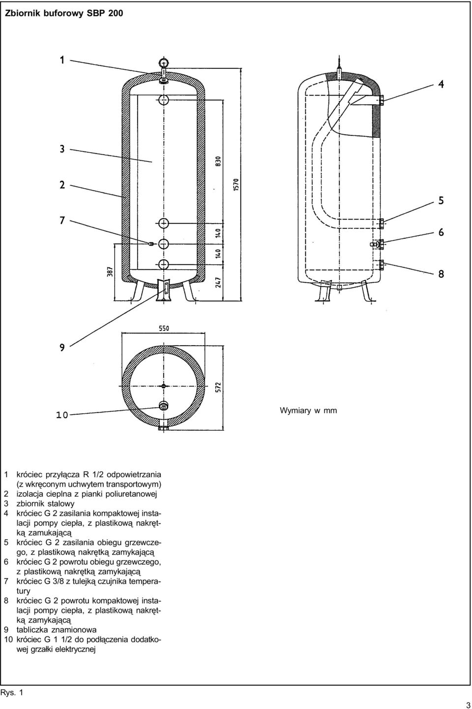 plastikow¹ nakrêtk¹ zamykaj¹c¹ 6 króciec G 2 powrotu obiegu grzewczego, z plastikow¹ nakrêtk¹ zamykaj¹c¹ 7 króciec G 3/8 z tulejk¹ czujnika temperatury 8 króciec G