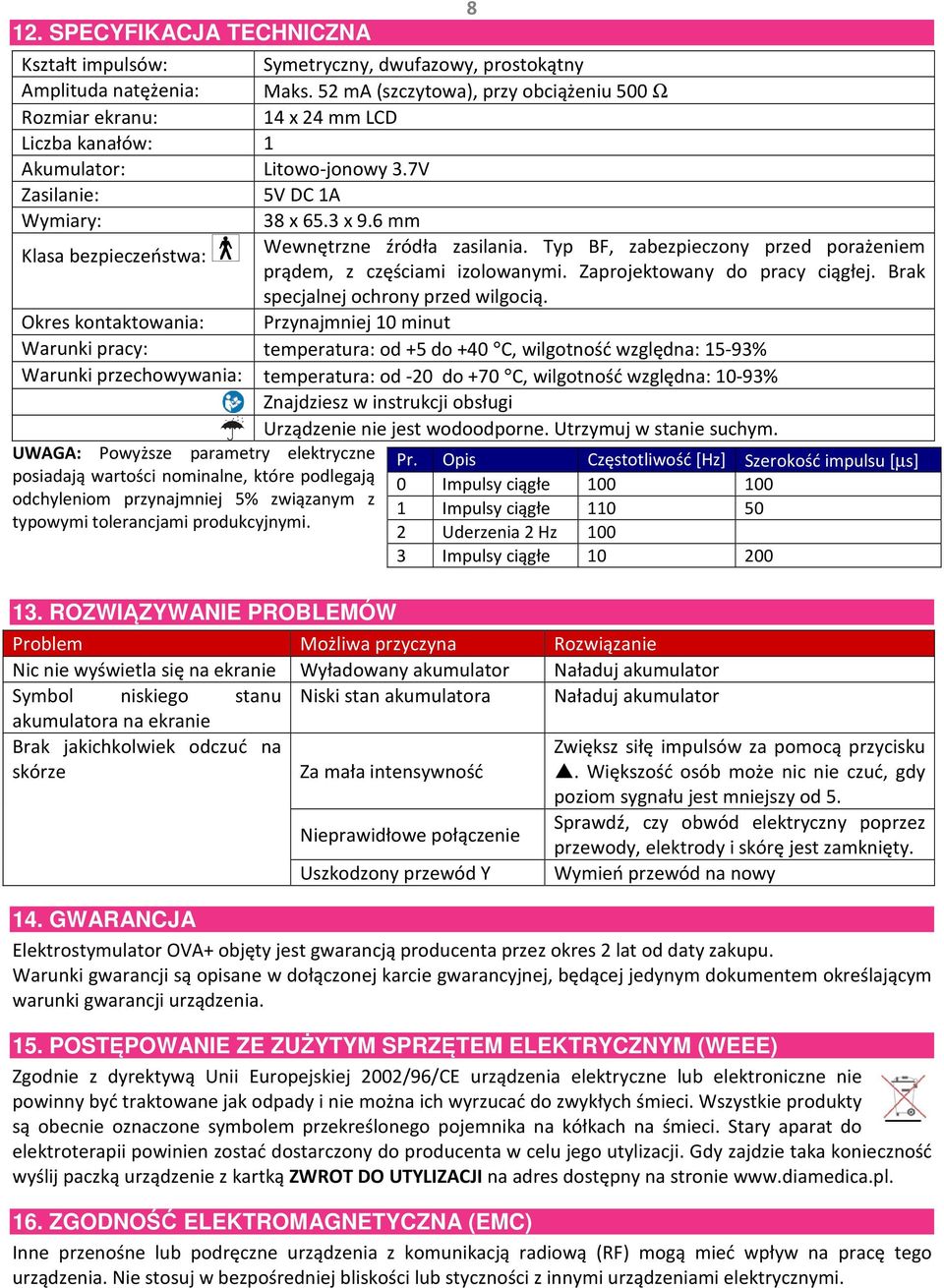 6 mm Klasa bezpieczeństwa: Wewnętrzne źródła zasilania. Typ BF, zabezpieczony przed porażeniem prądem, z częściami izolowanymi. Zaprojektowany do pracy ciągłej. Brak specjalnej ochrony przed wilgocią.