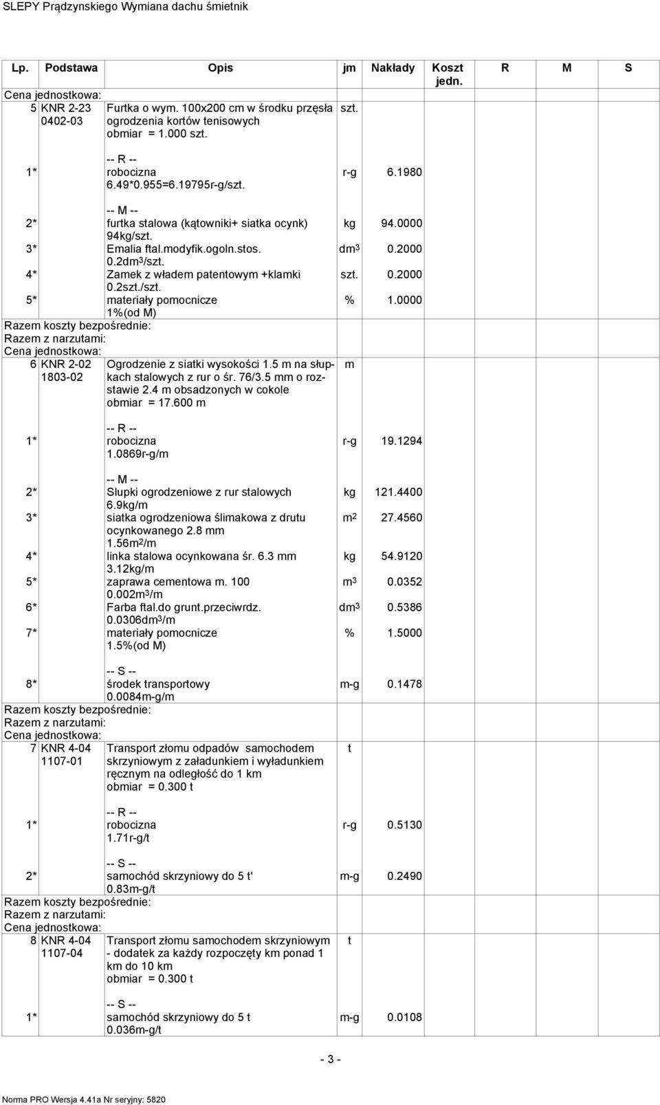 5 m na słupkach salowych z rur o śr. 76/3.5 mm o rozsawie 2.4 m obsadzonych w cokole obmiar = 17.600 m kg 94.0000 dm 3 0.2000 sz. 0.2000 % 1.0000 m 1.0869r-g/m 2* Slupki ogrodzeniowe z rur salowych 6.