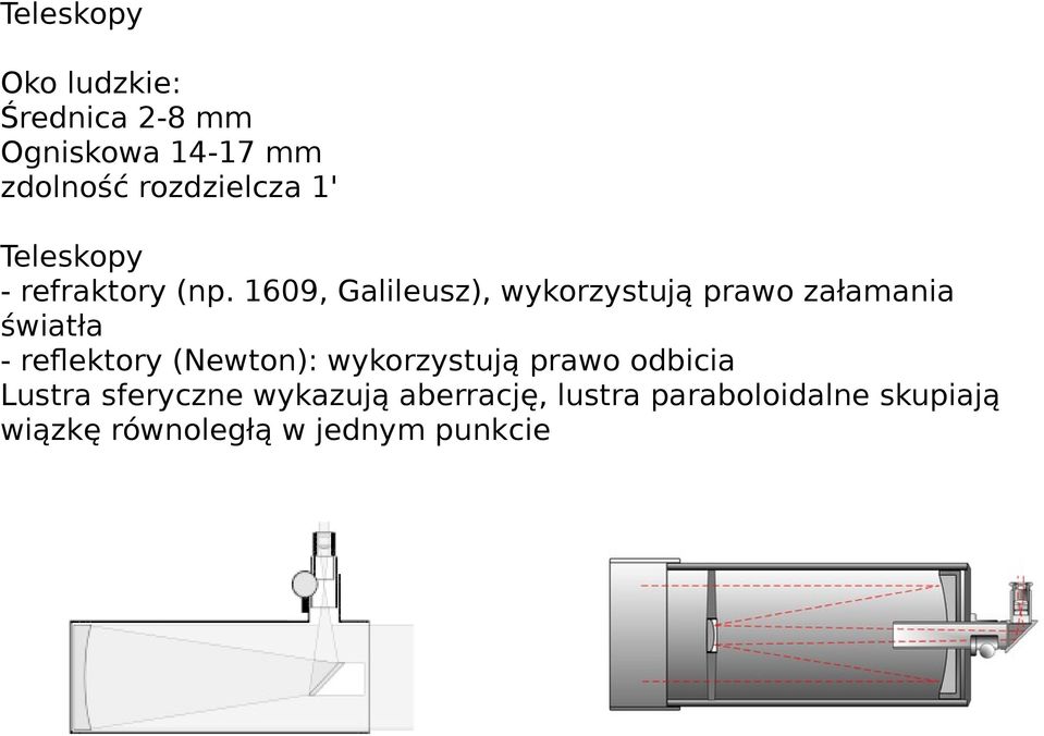 1609, Galileusz), wykorzystują prawo załamania światła - reflektory (Newton):