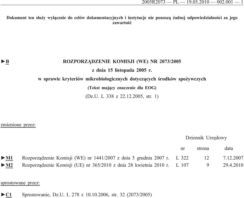 2073/2005 z dnia 15 listopada 2005 r. w sprawie kryteriów mikrobiologicznych dotyczących środków spożywczych (Tekst mający znaczenie dla EOG) (Dz.U. L 338 z 22.12.