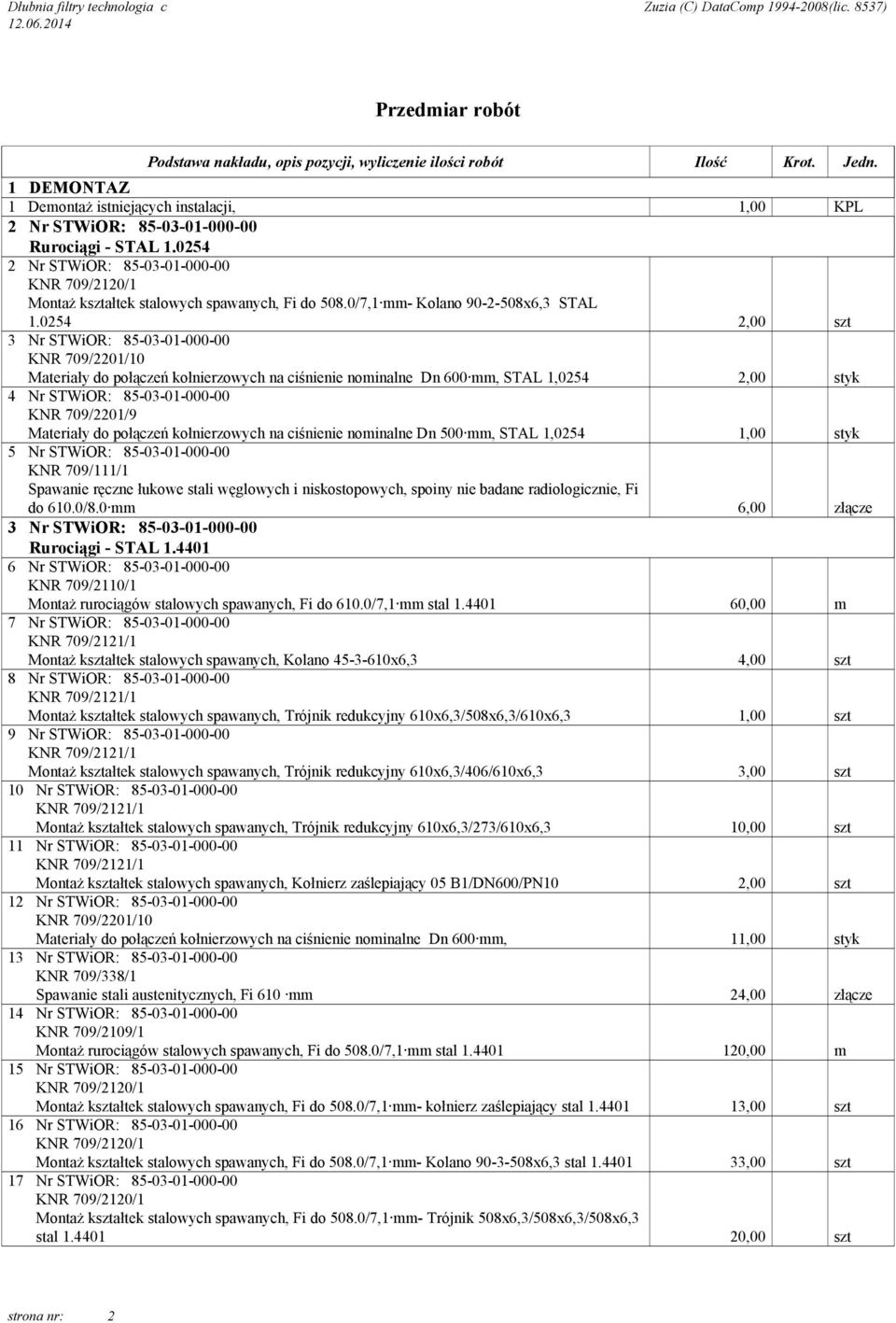 0254 2,00 szt 3 Nr STWiOR: 85-03-01-000-00 KNR 709/2201/10 Materiały do połączeń kołnierzowych na ciśnienie nominalne Dn 600 mm, STAL 1,0254 2,00 styk 4 Nr STWiOR: 85-03-01-000-00 KNR 709/2201/9