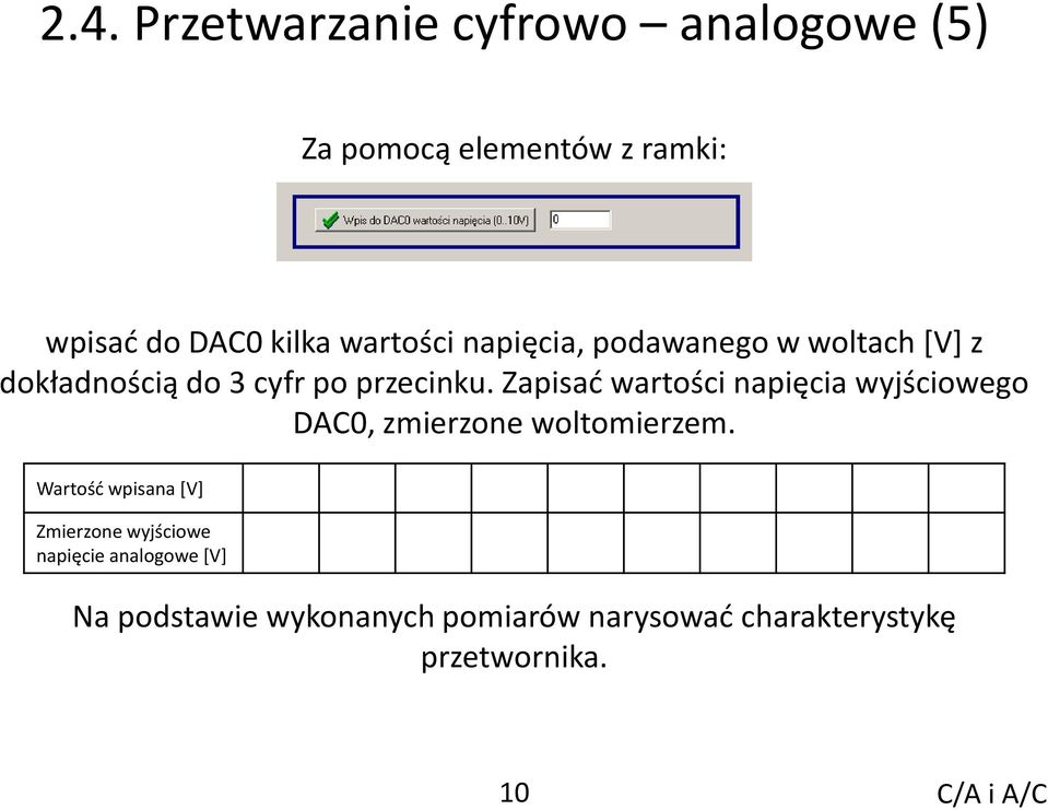 Zapisad wartości napięcia wyjściowego DAC0, zmierzone woltomierzem.