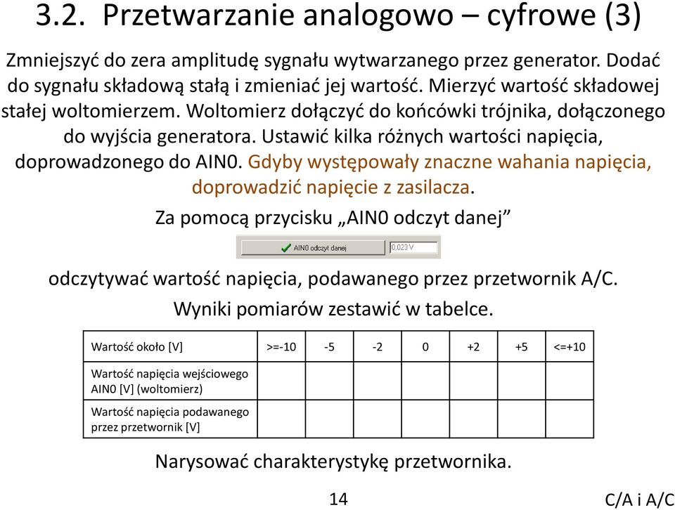 Gdyby występowały znaczne wahania napięcia, doprowadzid napięcie z zasilacza. Za pomocą przycisku AIN0 odczyt danej odczytywad wartośd napięcia, podawanego przez przetwornik A/C.