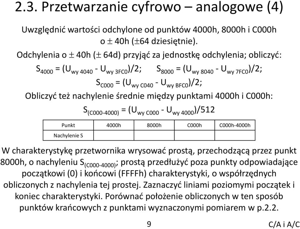 nachylenie średnie między punktami 4000h i C000h: S (C000-4000) = (U wy C000 - U wy 4000 )/512 Punkt 4000h 8000h C000h C000h-4000h Nachylenie S W charakterystykę przetwornika wrysowad prostą,